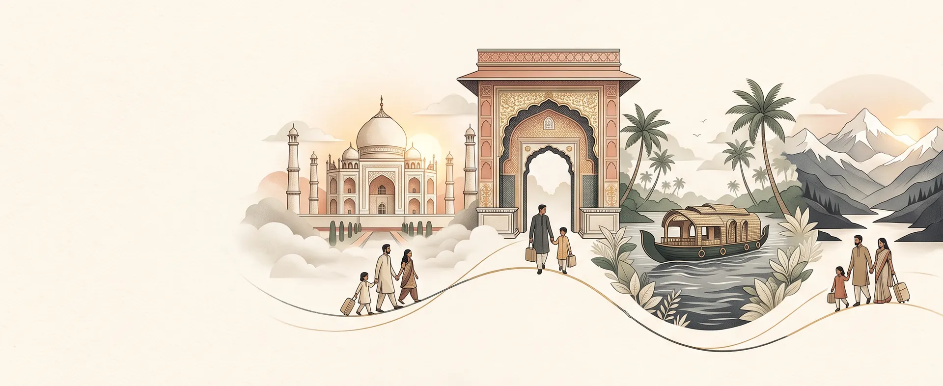 Illustrated Indian landmarks — the Taj Mahal, a carved gateway, Kerala backwaters and the Himalaya — with families travelling between them.