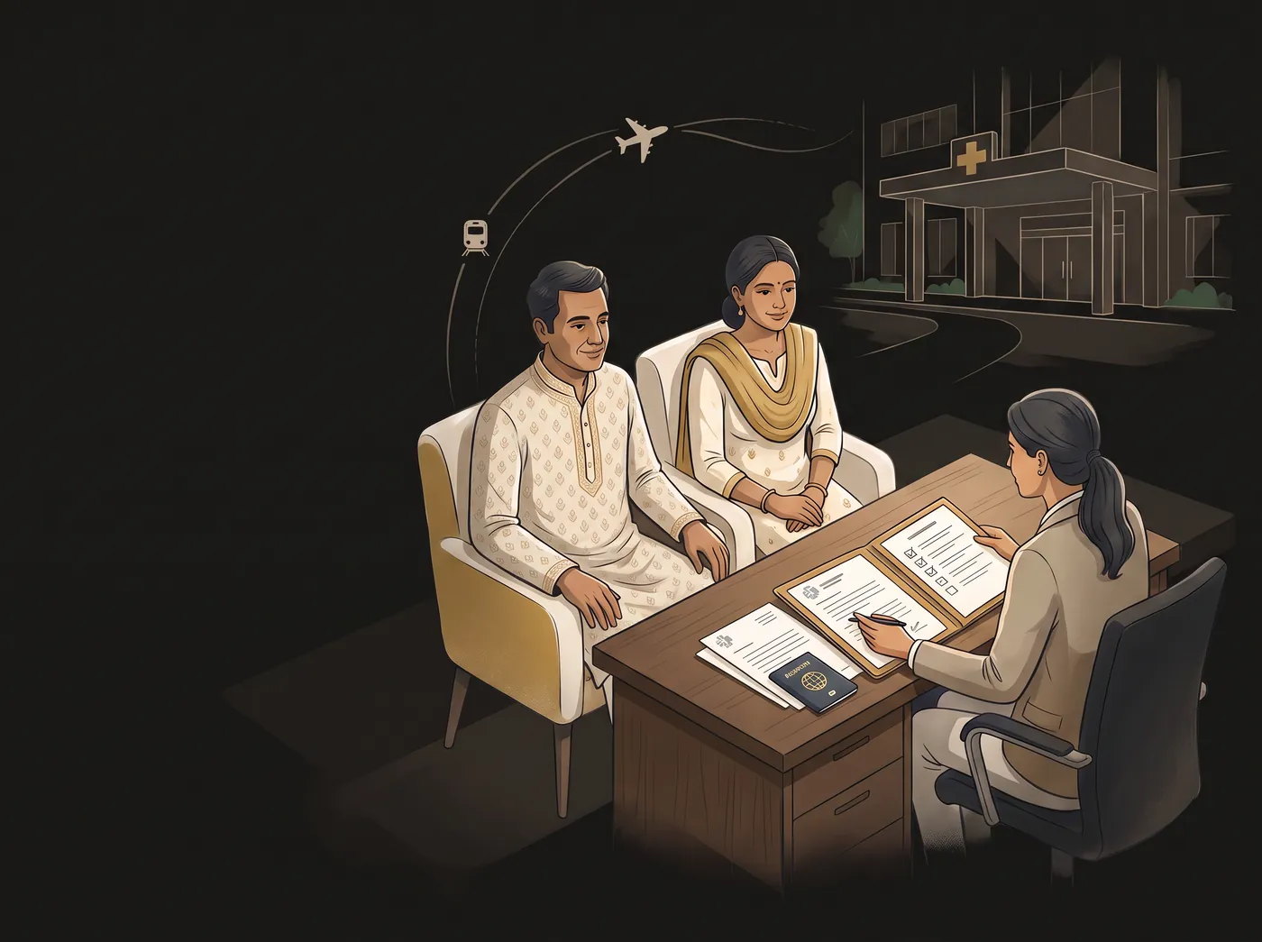 An advisor going through a prepared checklist with a couple across a desk.