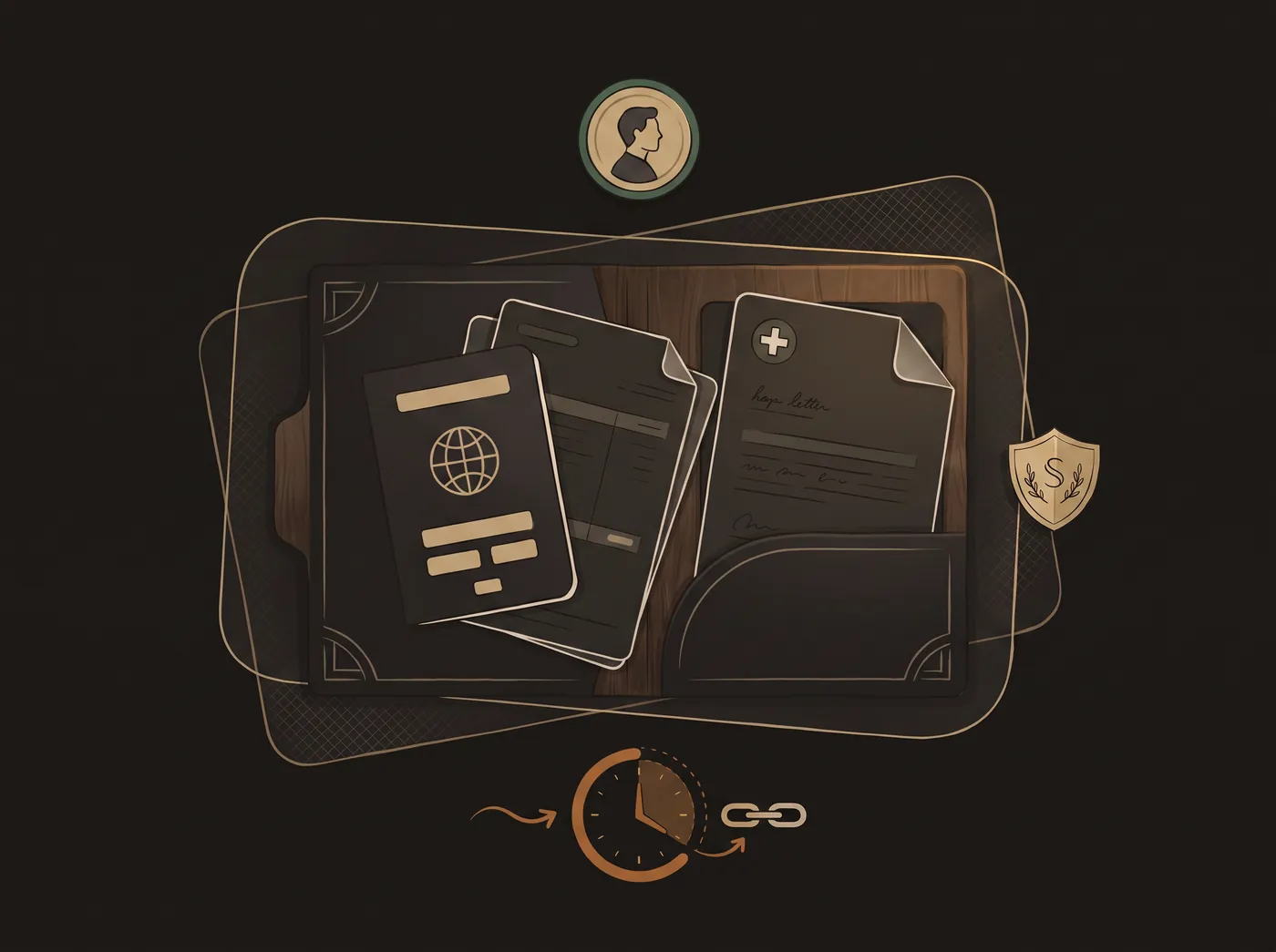 A document wallet holding a passport, an application form and a hospital letter.