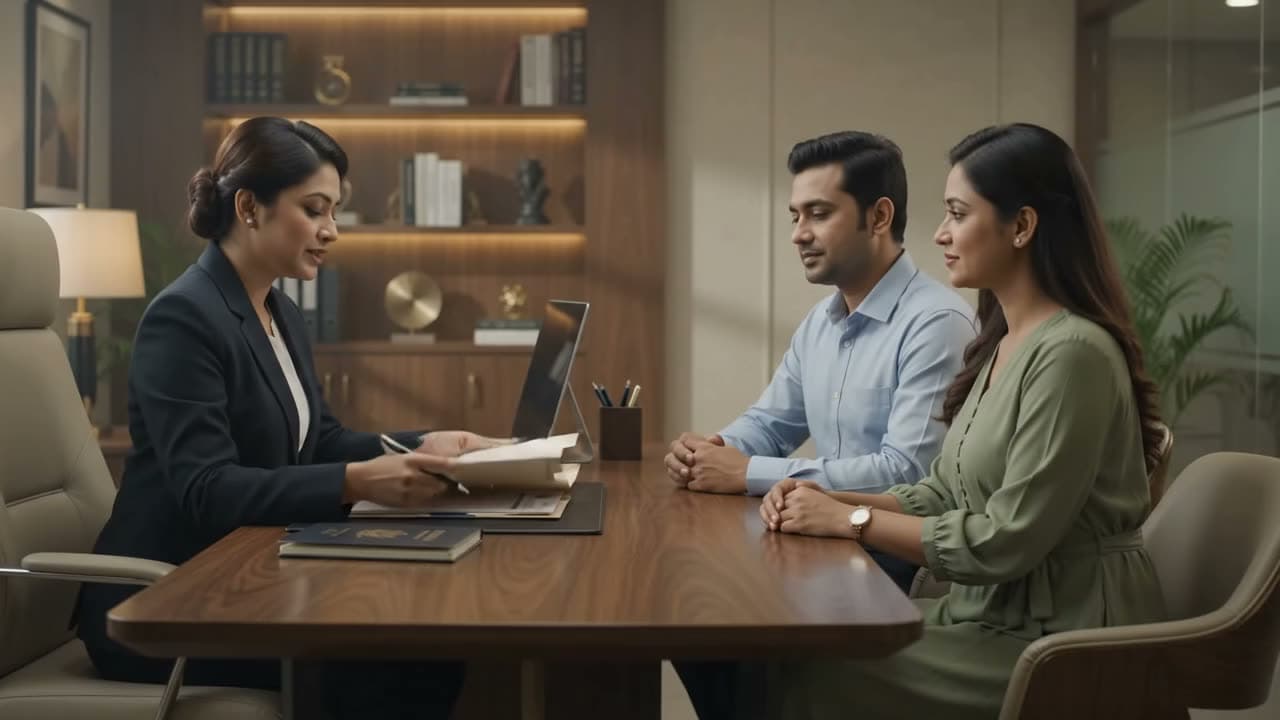 An advisor explaining documents to an applicant across a desk.
