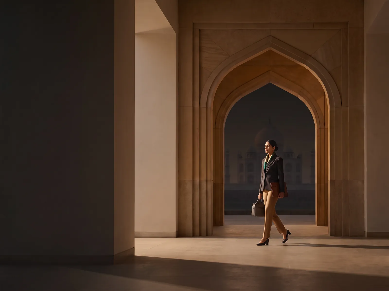 An advisor walking through a sandstone colonnade, the Taj Mahal visible through the archway beyond.