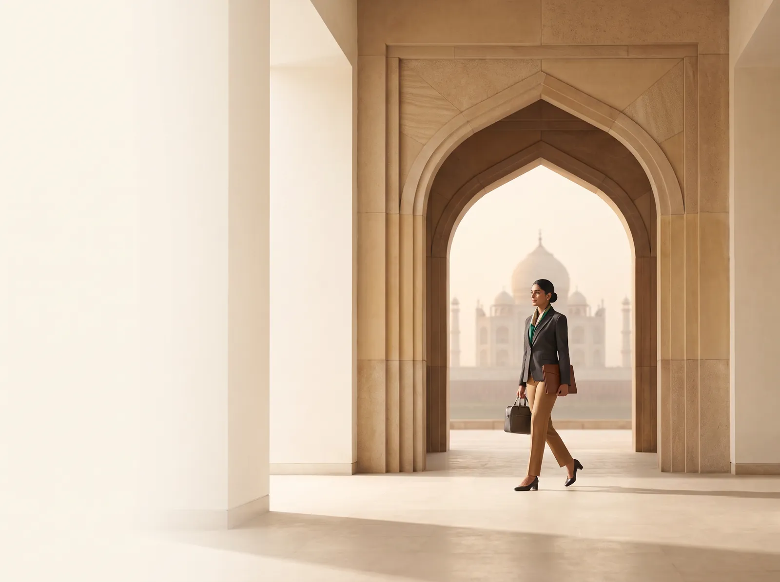 An advisor walking through a sandstone colonnade, the Taj Mahal visible through the archway beyond.