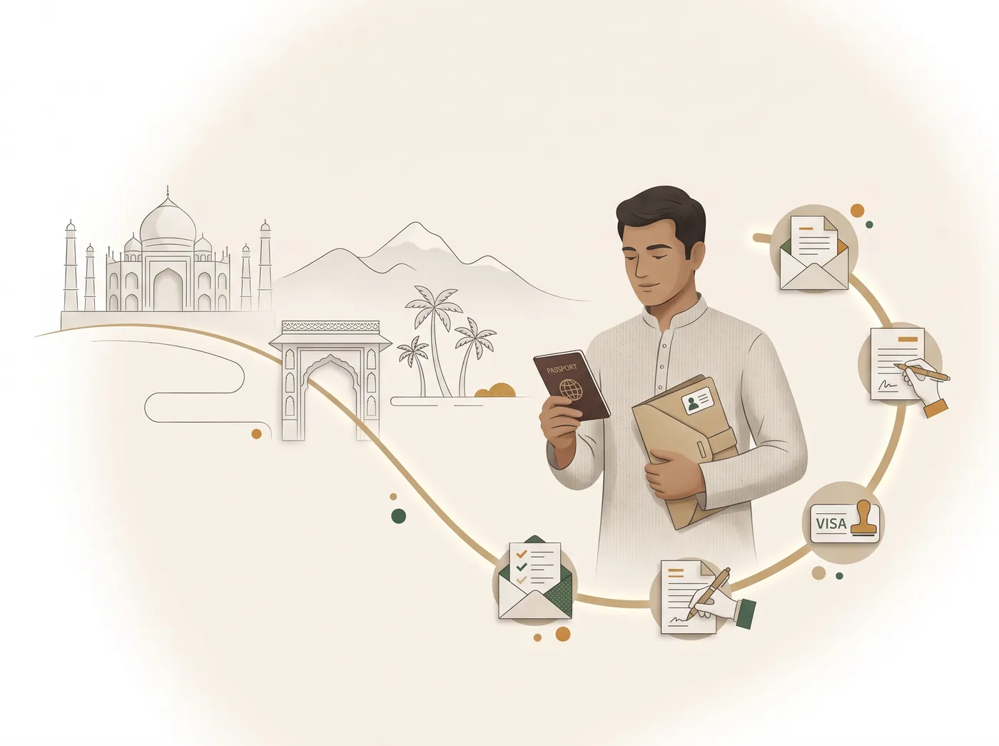 An applicant holding a passport and document folder, with the stages of an application arranged around him.