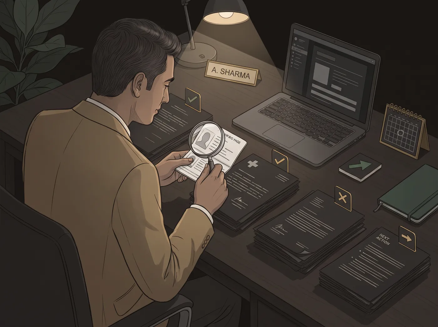 An adviser checking a passport bio page under a magnifier against a stack of sorted documents.