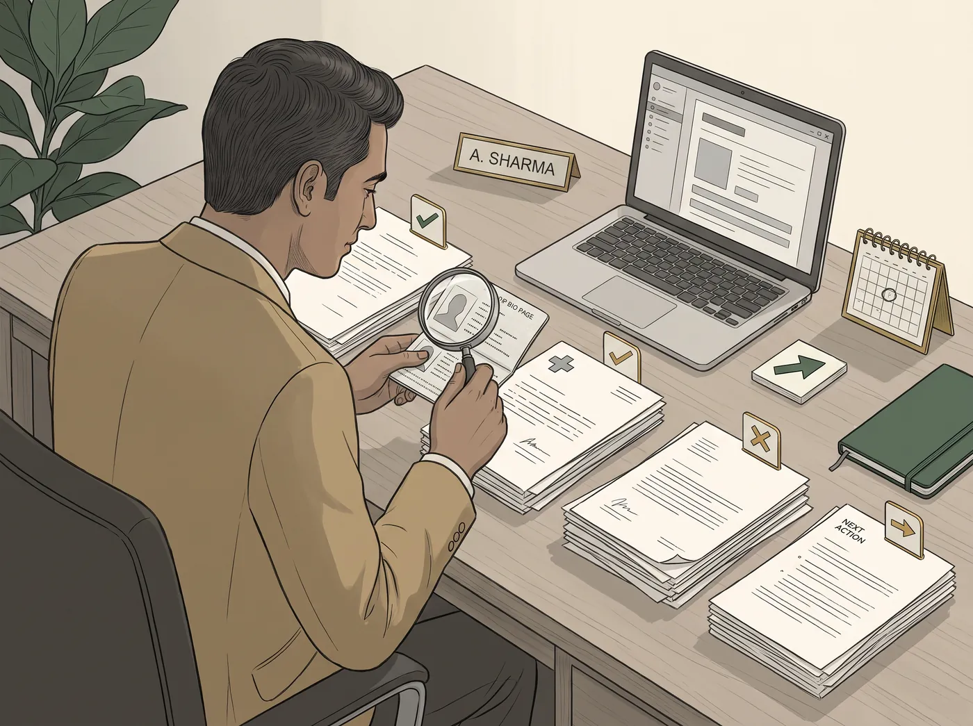 An adviser checking a passport bio page under a magnifier against a stack of sorted documents.