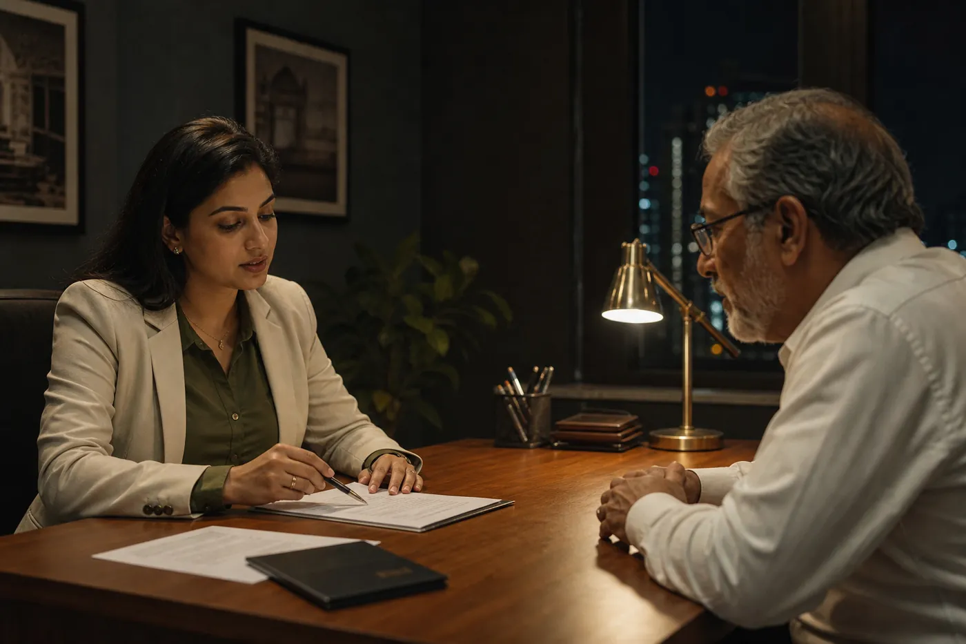 একজন পরামর্শক ডেস্কের ওপারে আবেদনকারীর কাছে নথিপত্র ব্যাখ্যা করছেন।