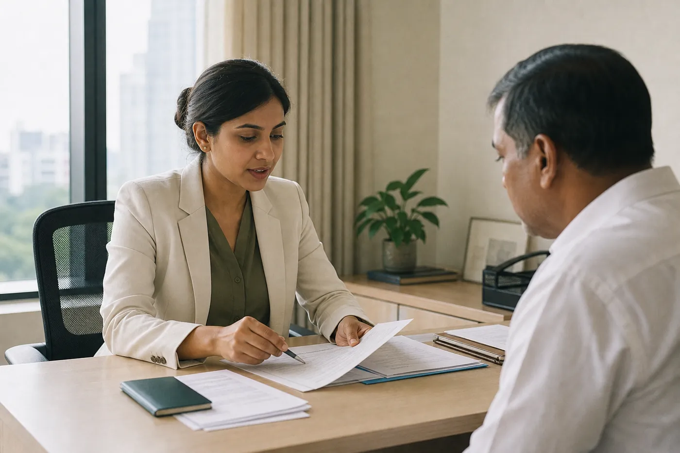 A VisaAssistBD advisor explaining a document set to an applicant across a desk.