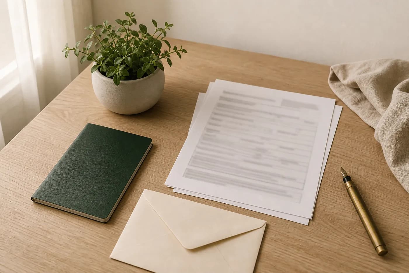 A closed passport, an envelope and application forms on a desk. No details are readable.