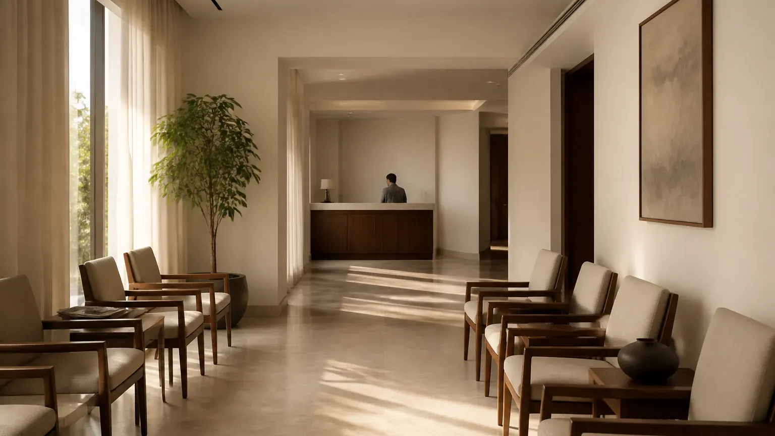 A quiet professional waiting room in morning light, empty chairs facing a reception desk.